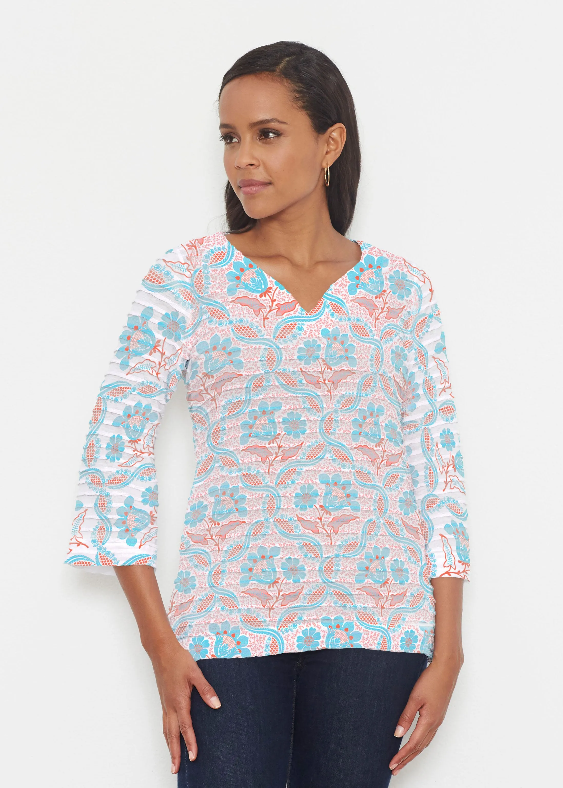 Braided Flower (7932) ~ Banded 3/4 Bell-Sleeve V-Neck Tunic