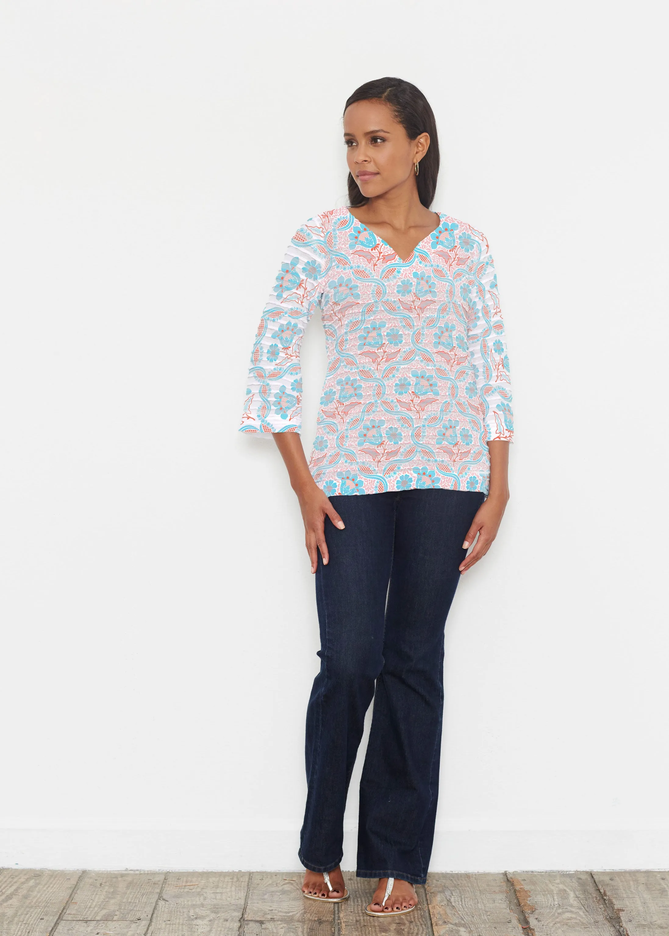 Braided Flower (7932) ~ Banded 3/4 Bell-Sleeve V-Neck Tunic