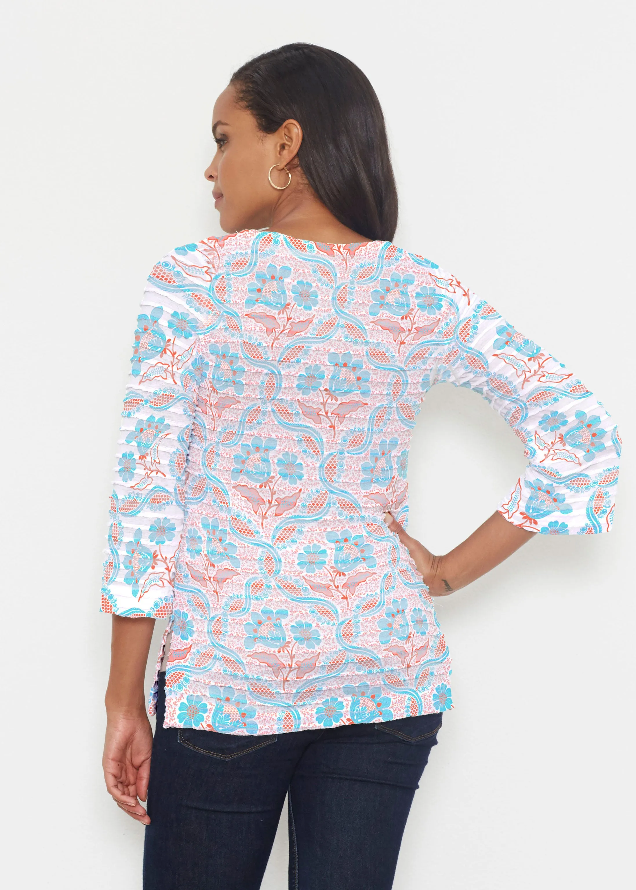 Braided Flower (7932) ~ Banded 3/4 Bell-Sleeve V-Neck Tunic