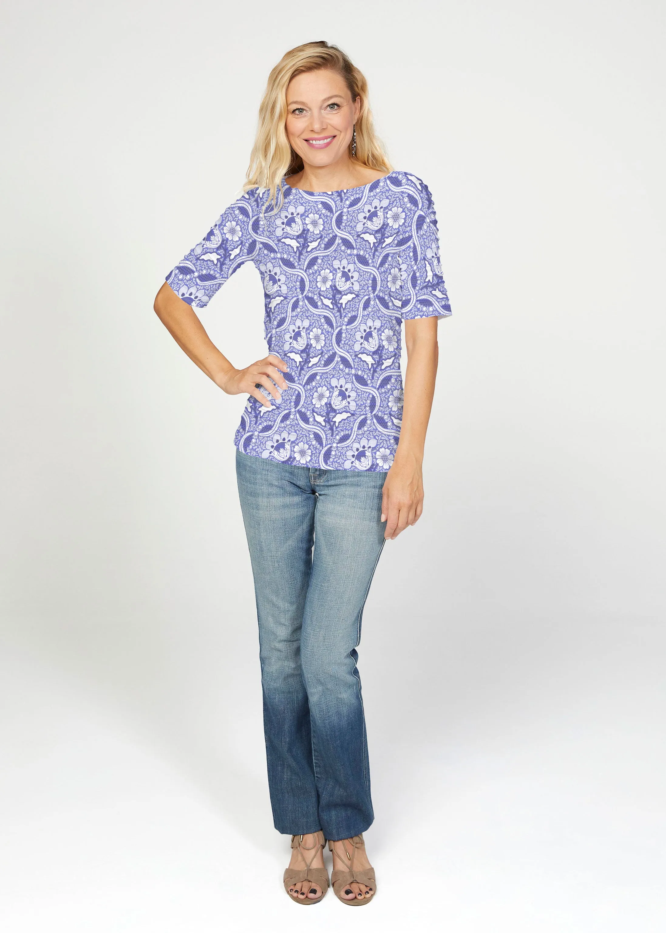 Braided Flower Navy (7917) ~ Banded Elbow Sleeve Boat Neck Top