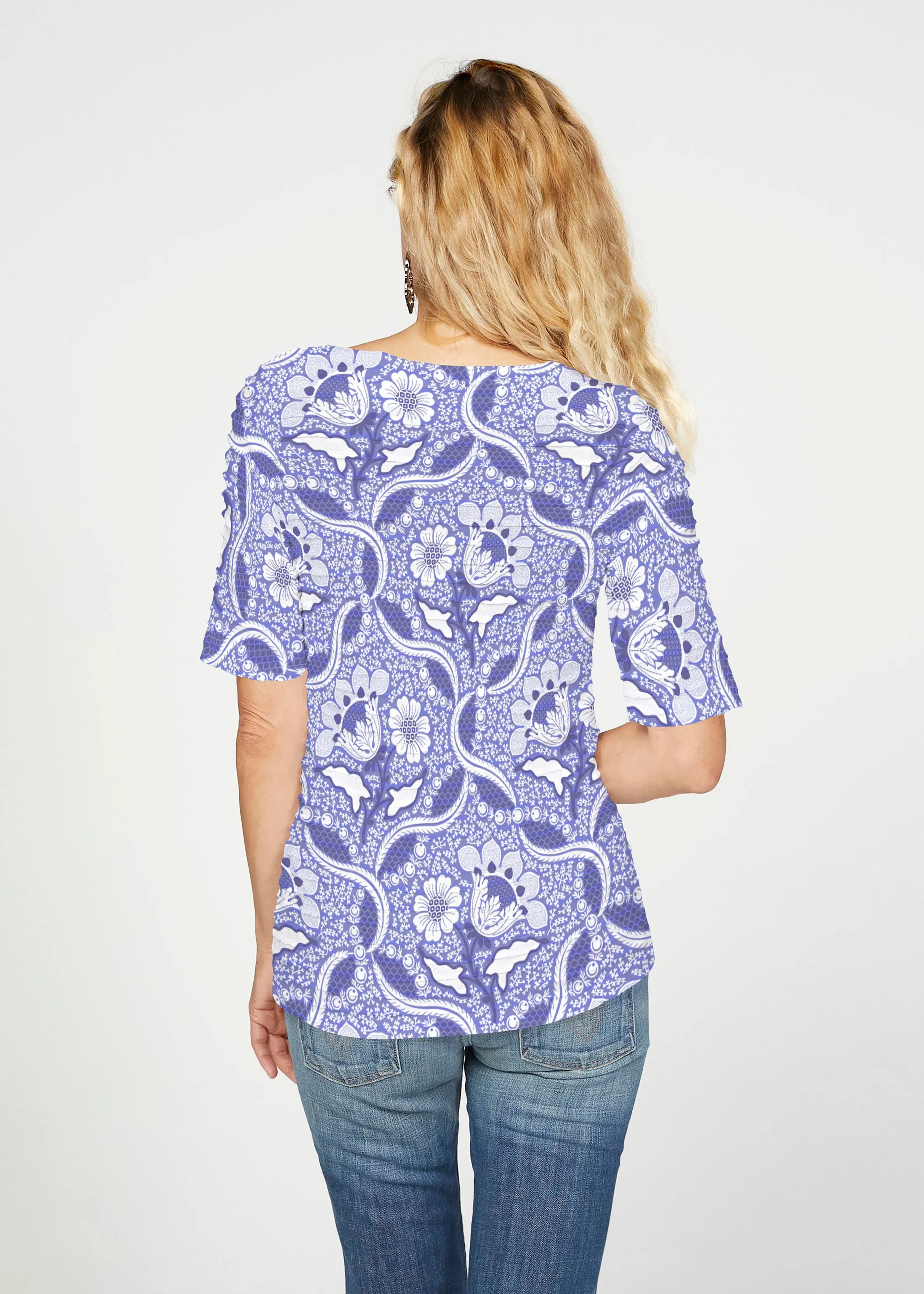 Braided Flower Navy (7917) ~ Banded Elbow Sleeve Boat Neck Top
