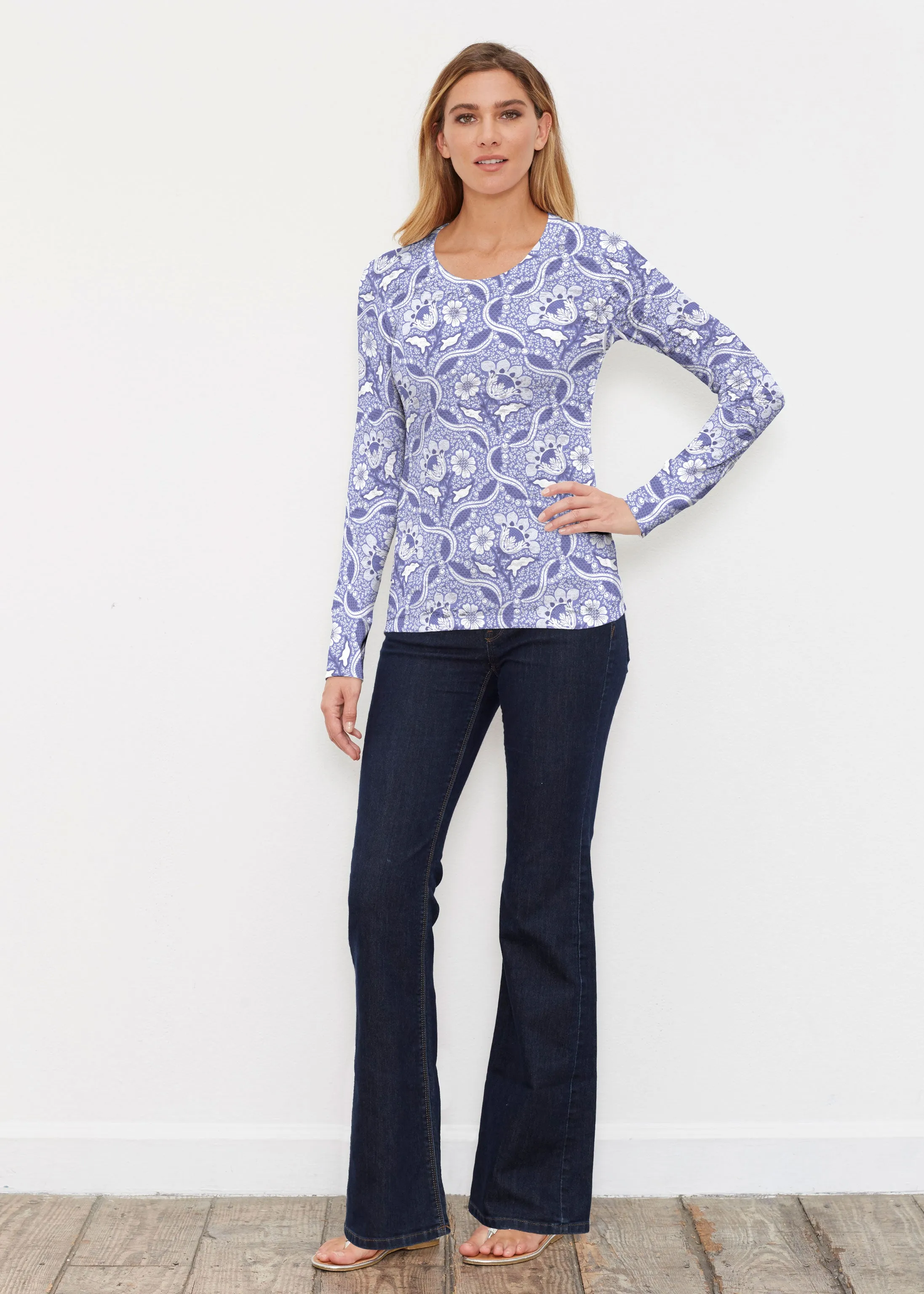 Braided Flower Navy (7917) ~ Thermal Long Sleeve Crew Shirt