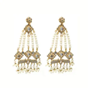 Bridal Pakistani Womens Gold Plated Dangle White Pearl Multi String Earrings with Hair Chain and Zircon - Party Wedding Gift - Duel On Jewel