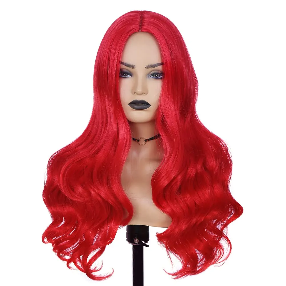 Bright Red Long Wavy Wigs