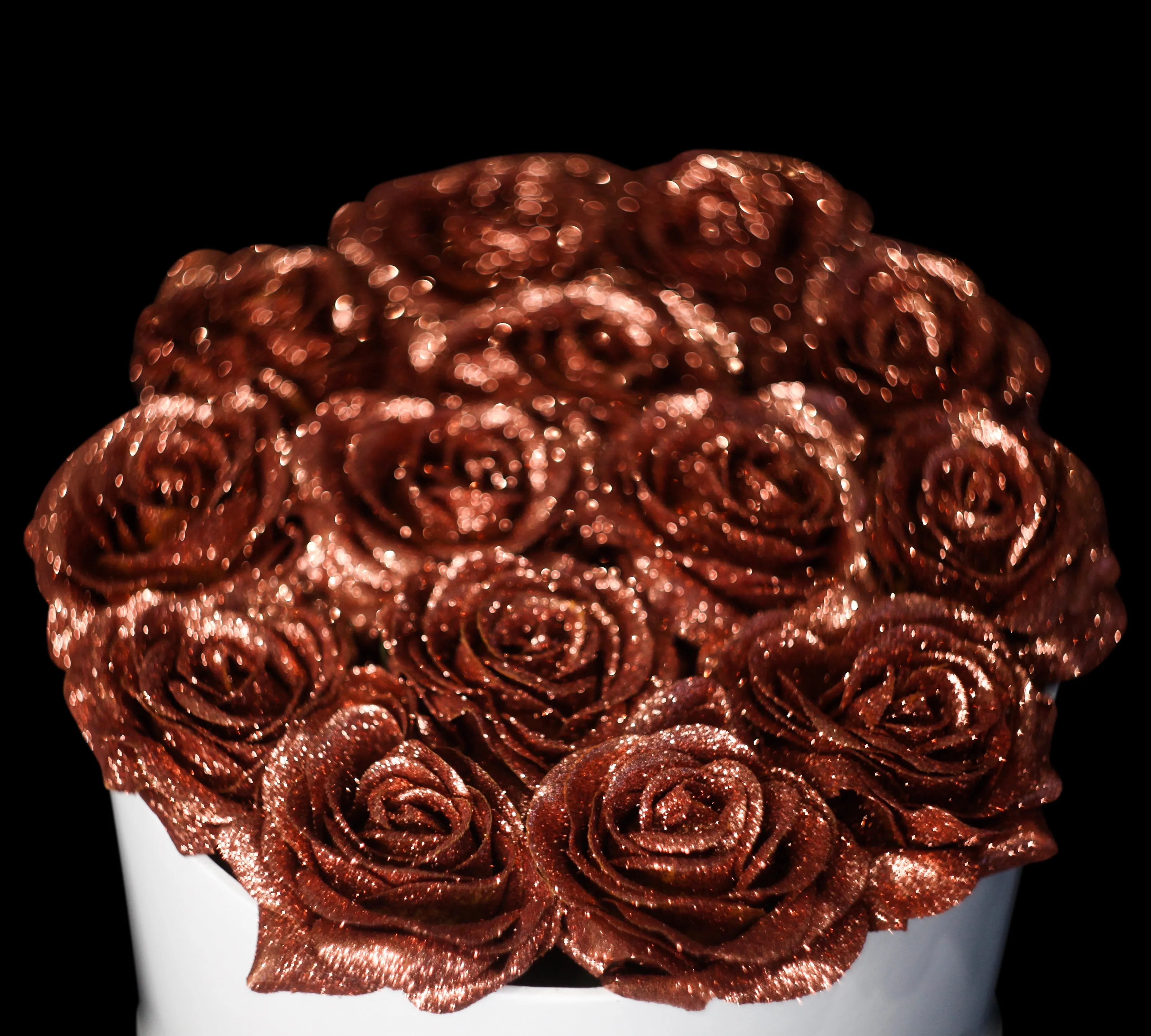Bronze Rose Gold Glitter Roses - White Box