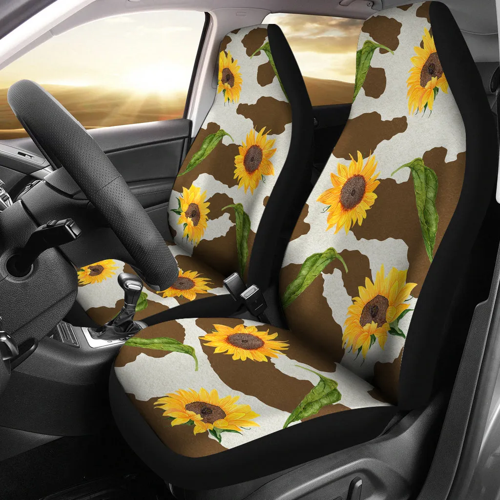 Brown Cow Print With Rustic Sunflower Pattern Car Seat Covers Seat Protectors Farmhouse