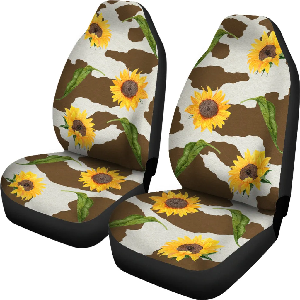 Brown Cow Print With Rustic Sunflower Pattern Car Seat Covers Seat Protectors Farmhouse