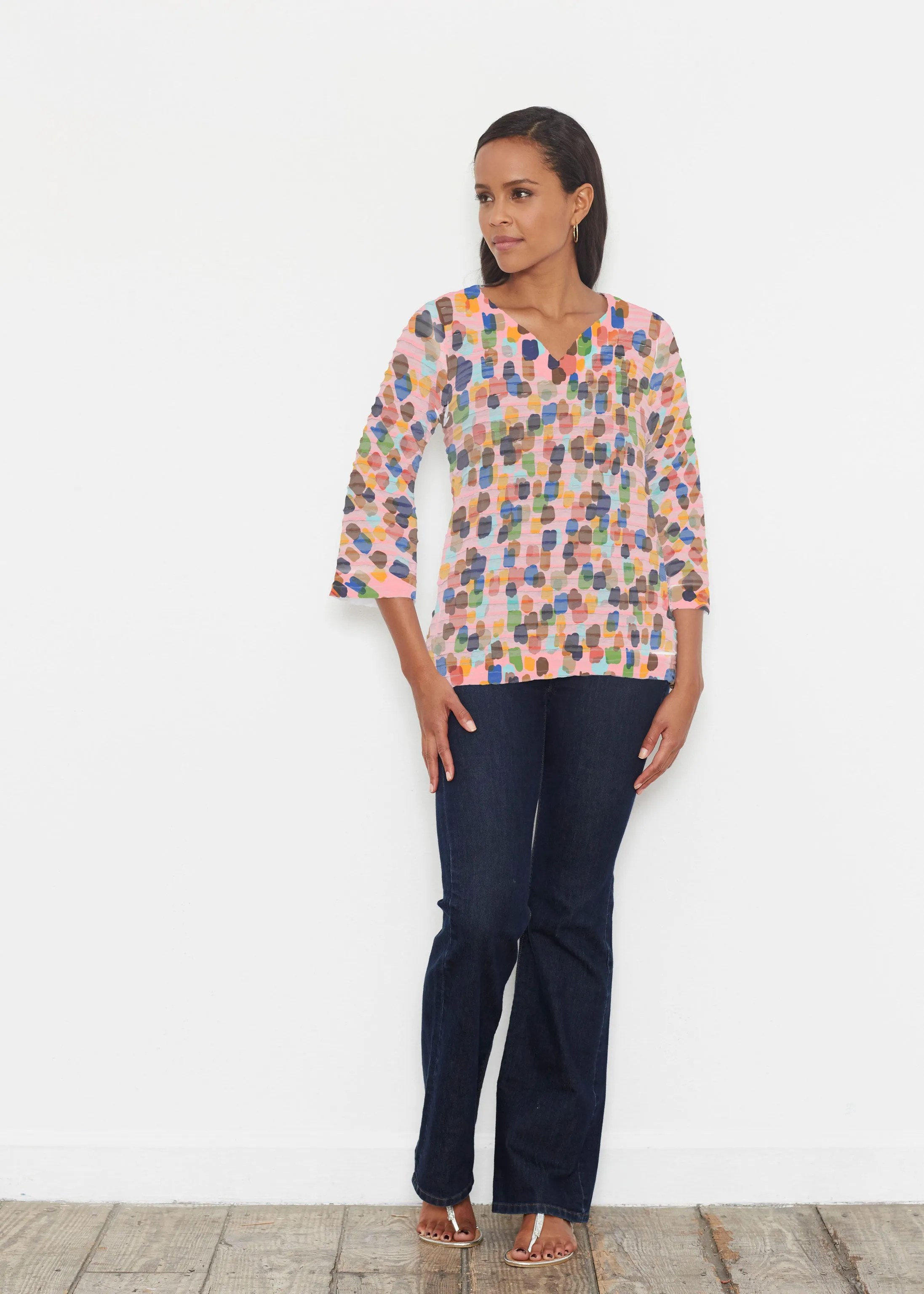 Brushstroke Multi (14293) ~ Banded 3/4 Bell-Sleeve V-Neck Tunic