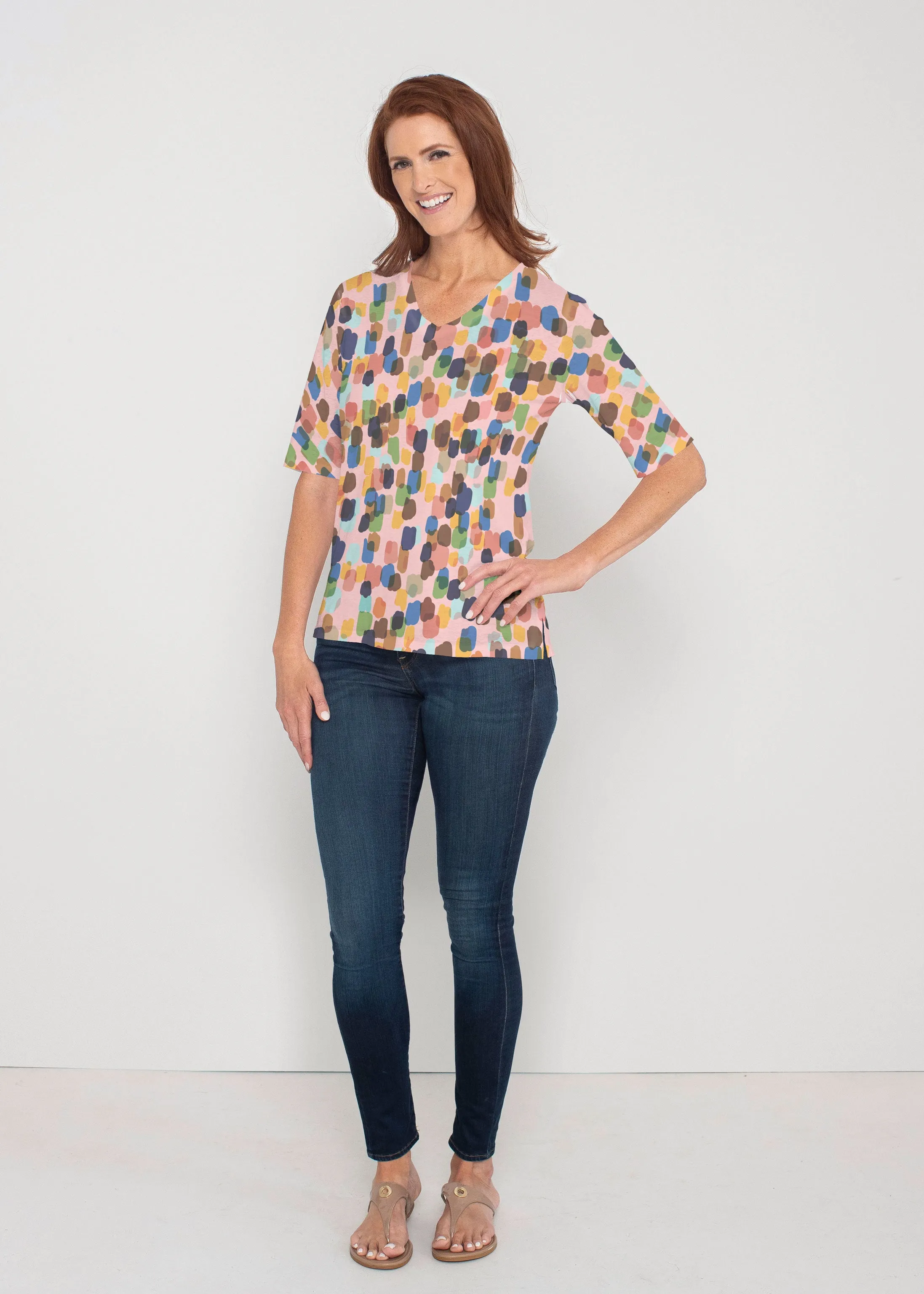 Brushstroke Multi (14293) ~ Signature Elbow Sleeve V-Neck Top