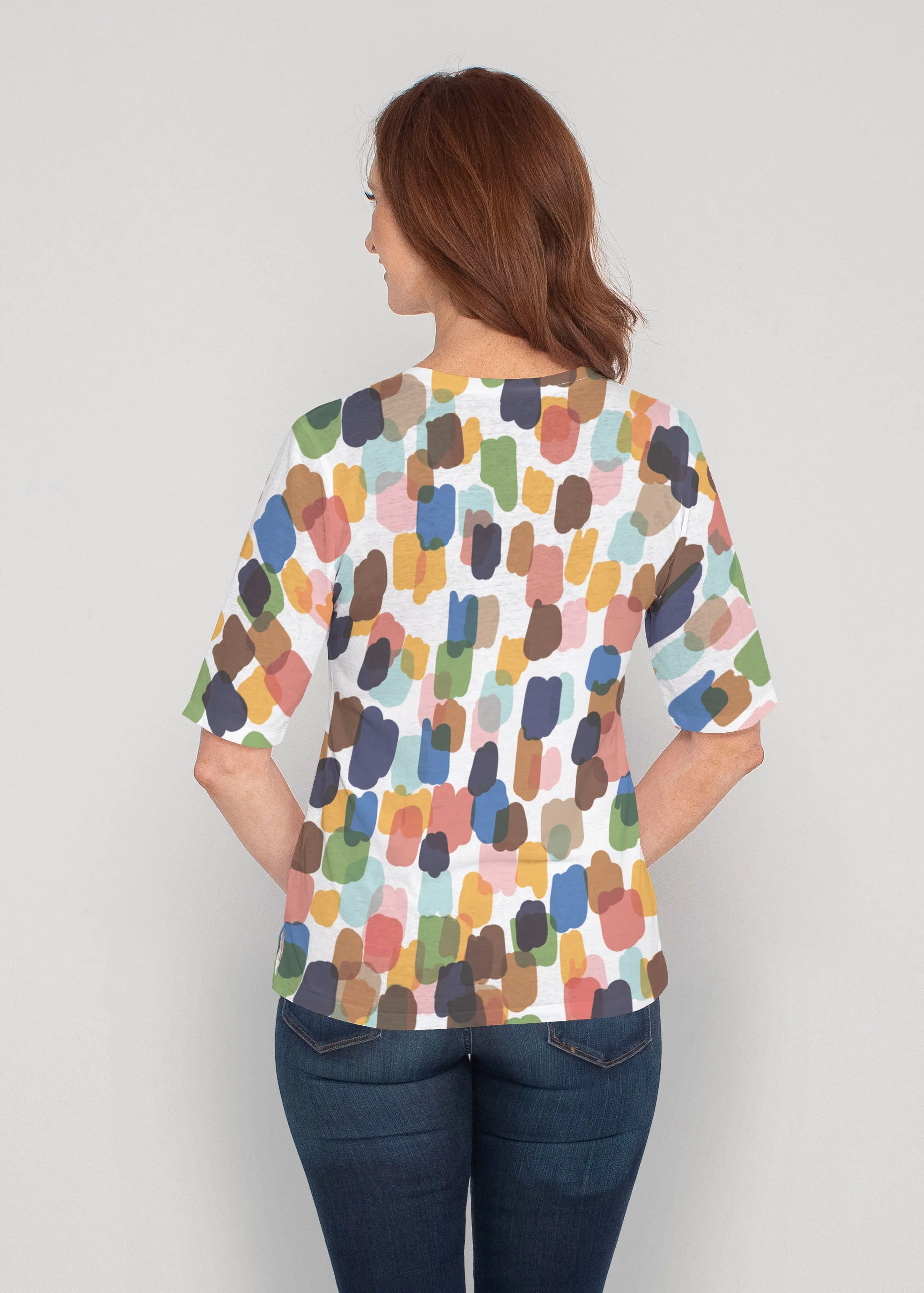 Brushstroke Multi (14293) ~ Signature Elbow Sleeve V-Neck Top