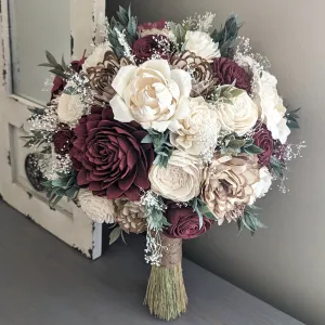 Burgundy, Natural, and Ivory Bouquet with Baby's Breath and Greenery