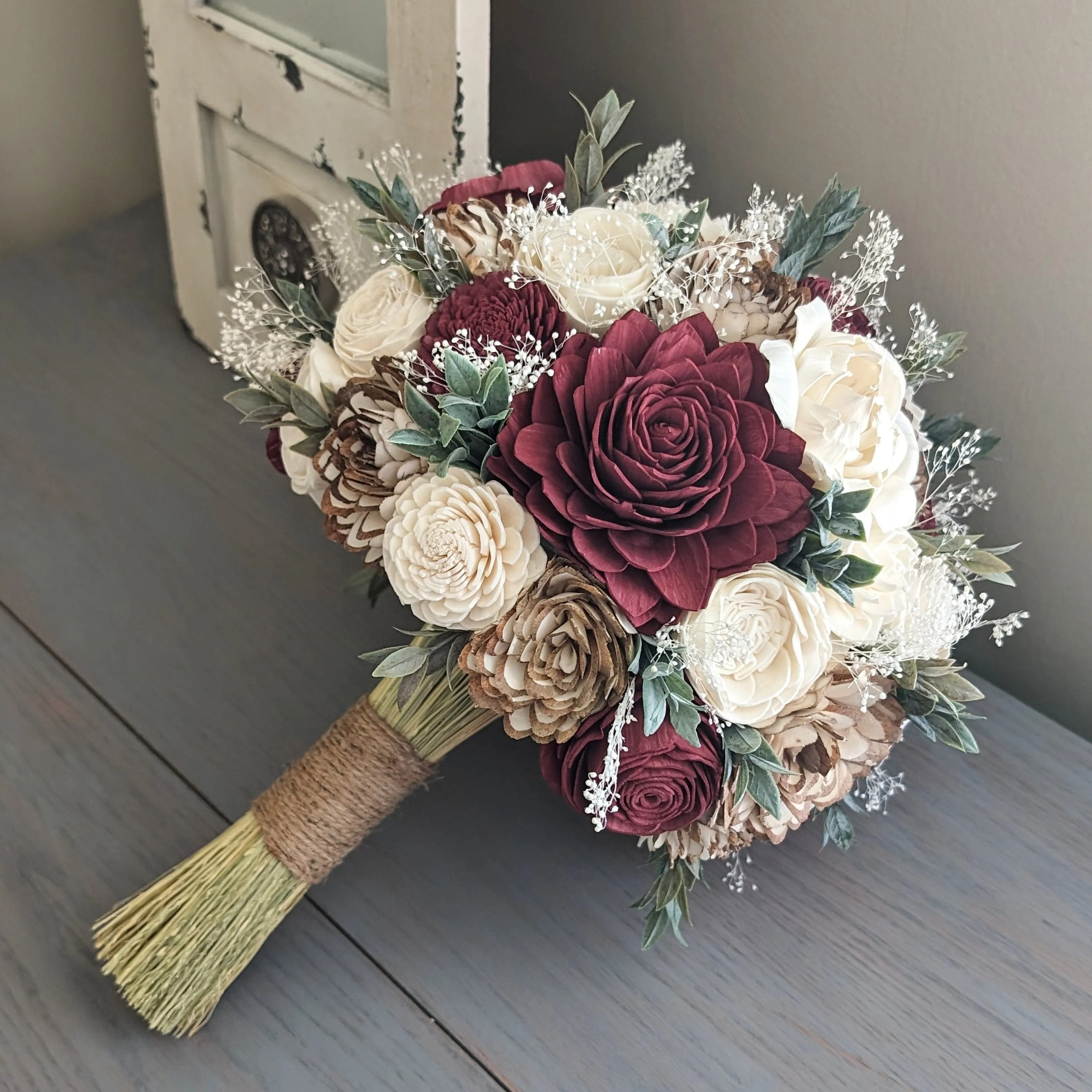 Burgundy, Natural, and Ivory Bouquet with Baby's Breath and Greenery
