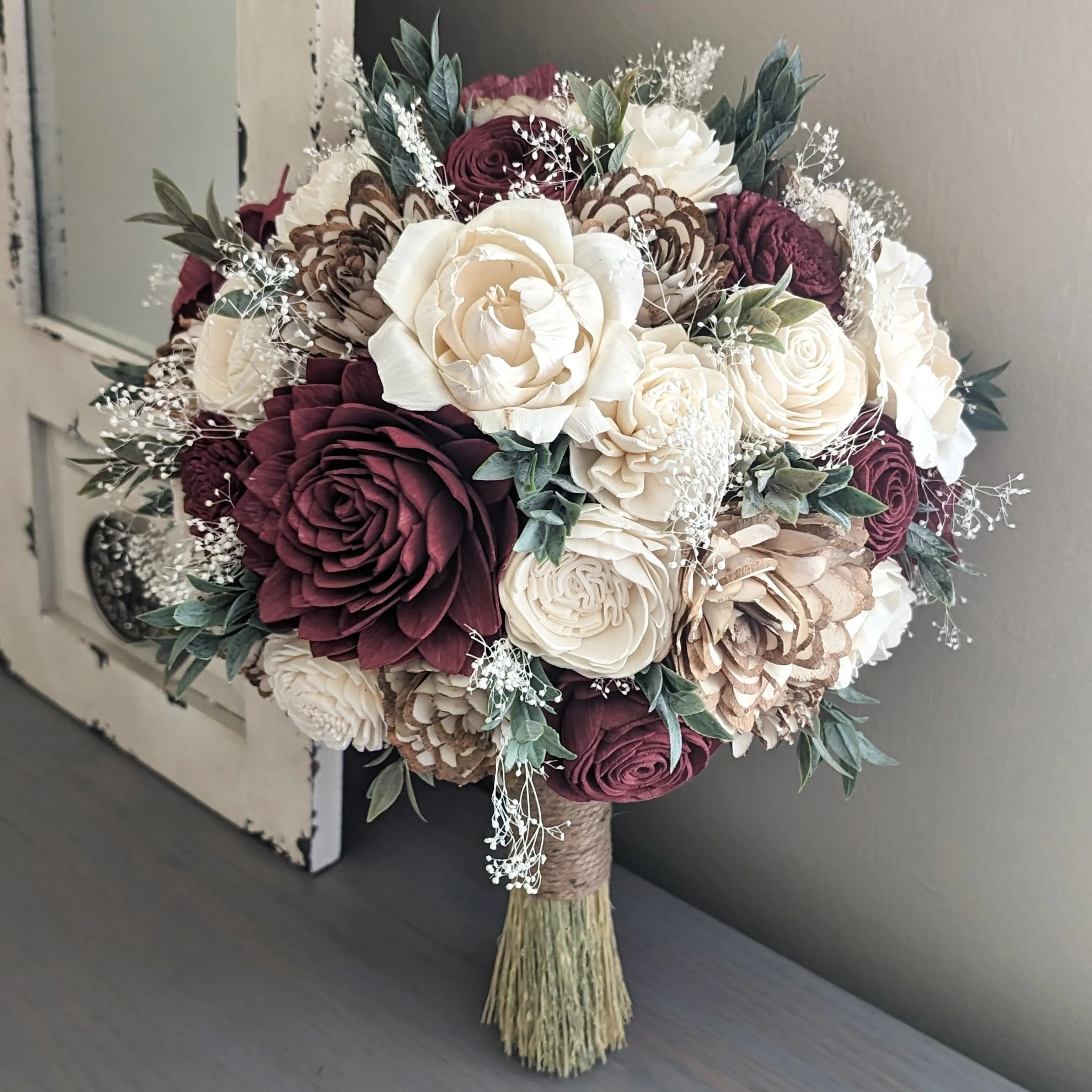Burgundy, Natural, and Ivory Bouquet with Baby's Breath and Greenery