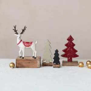 Carved Enameled Mango Wood Tree w/ Base, Red & Natural