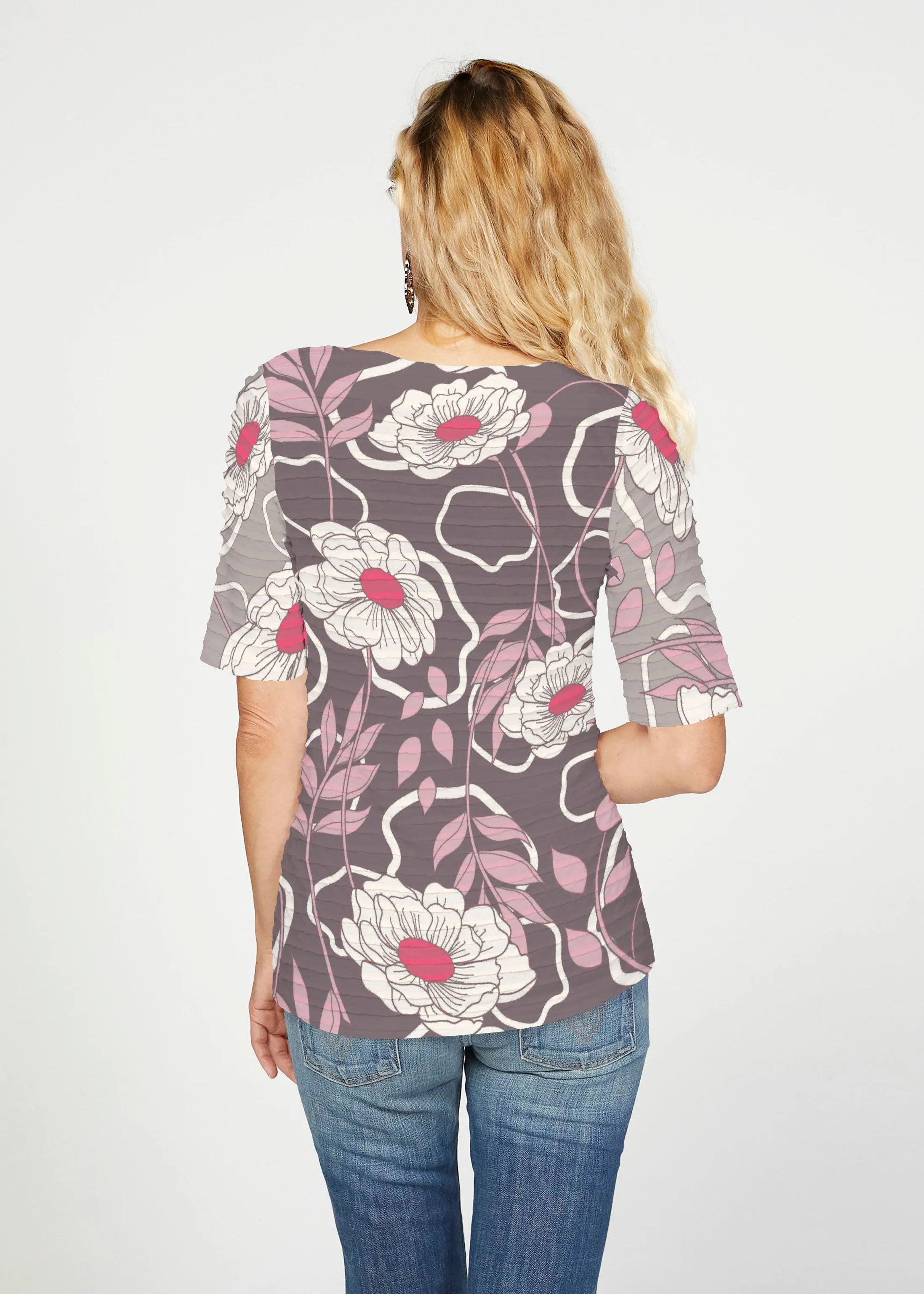 Clarisse (8125) ~ Banded Elbow Sleeve Boat Neck Top