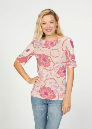 Clarisse Beige/Red (8127) ~ Banded Elbow Sleeve Boat Neck Top
