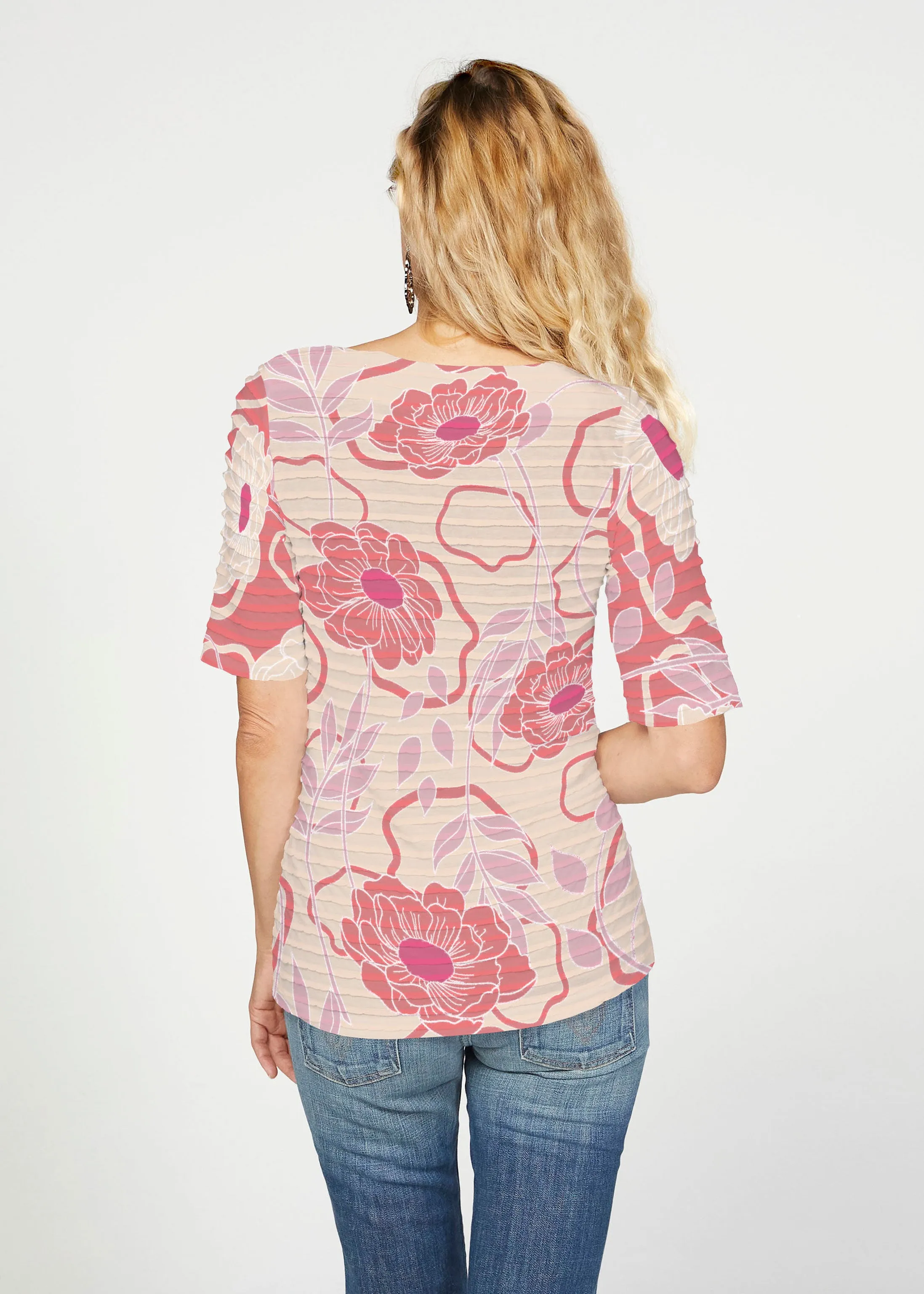 Clarisse Beige/Red (8127) ~ Banded Elbow Sleeve Boat Neck Top