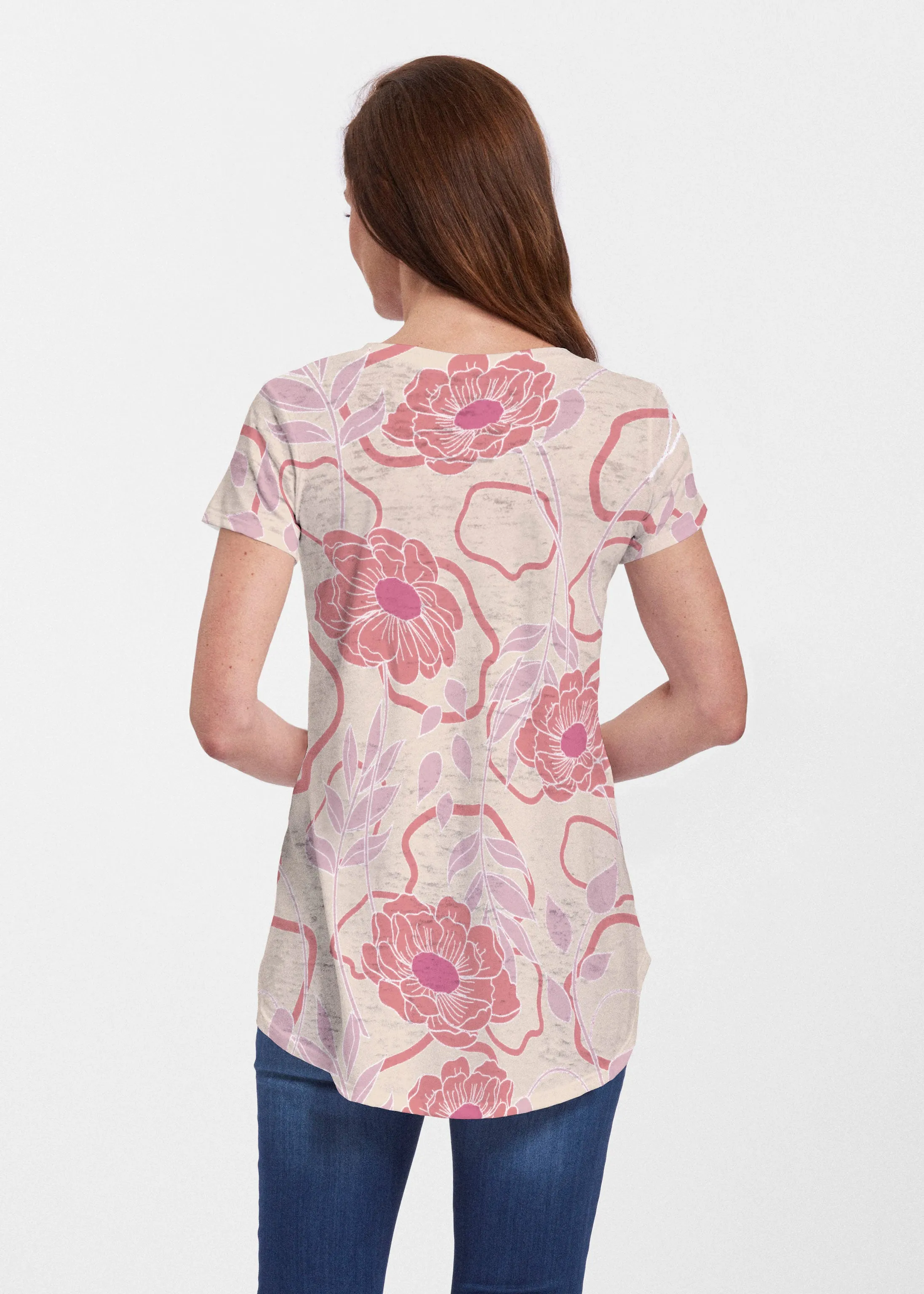 Clarisse Beige/Red (8127) ~ Short Sleeve Scoop Neck Flowy Tunic