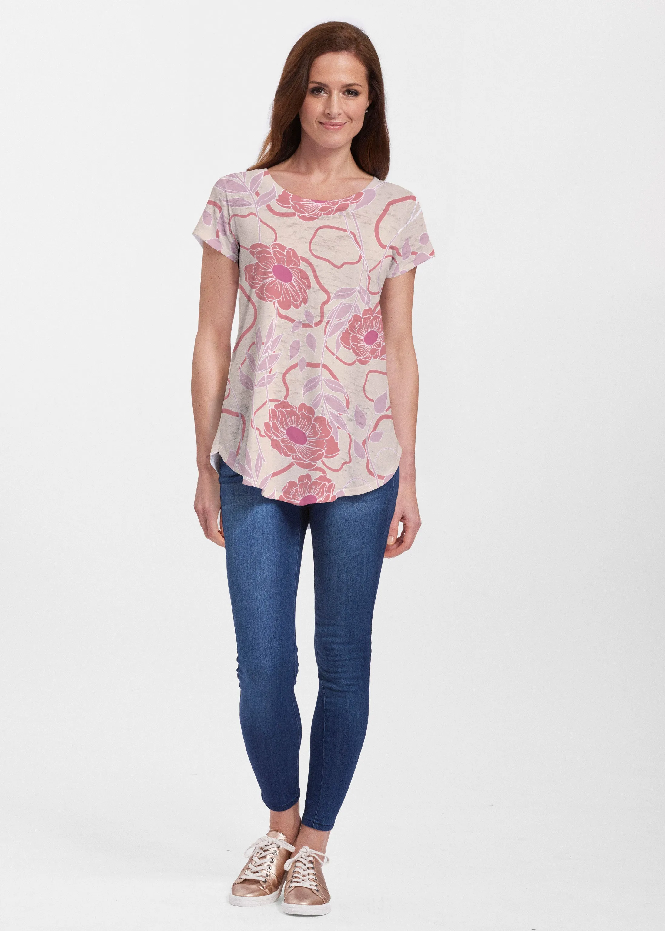 Clarisse Beige/Red (8127) ~ Short Sleeve Scoop Neck Flowy Tunic