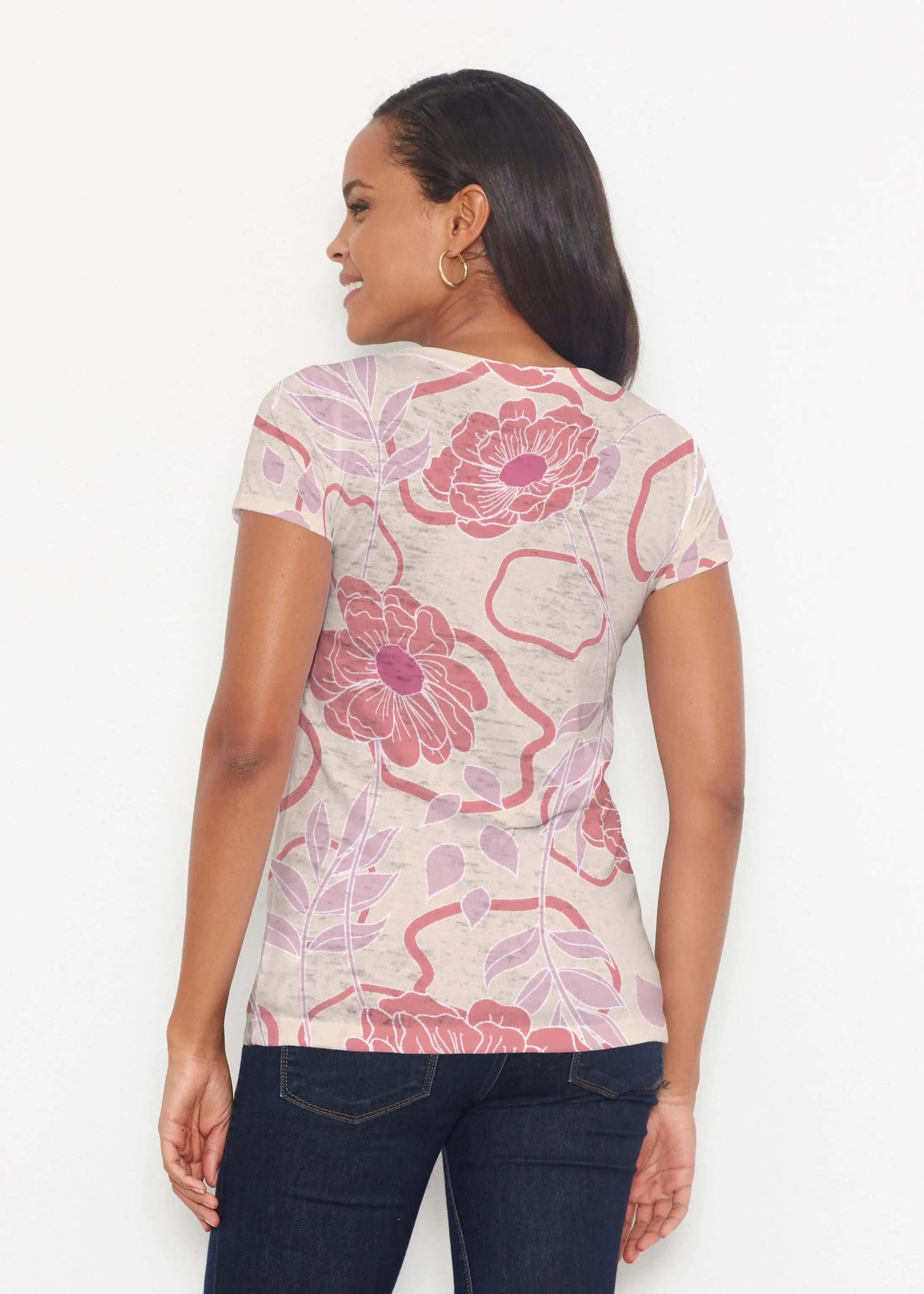 Clarisse Beige/Red (8127) ~ Short Sleeve Scoop Shirt
