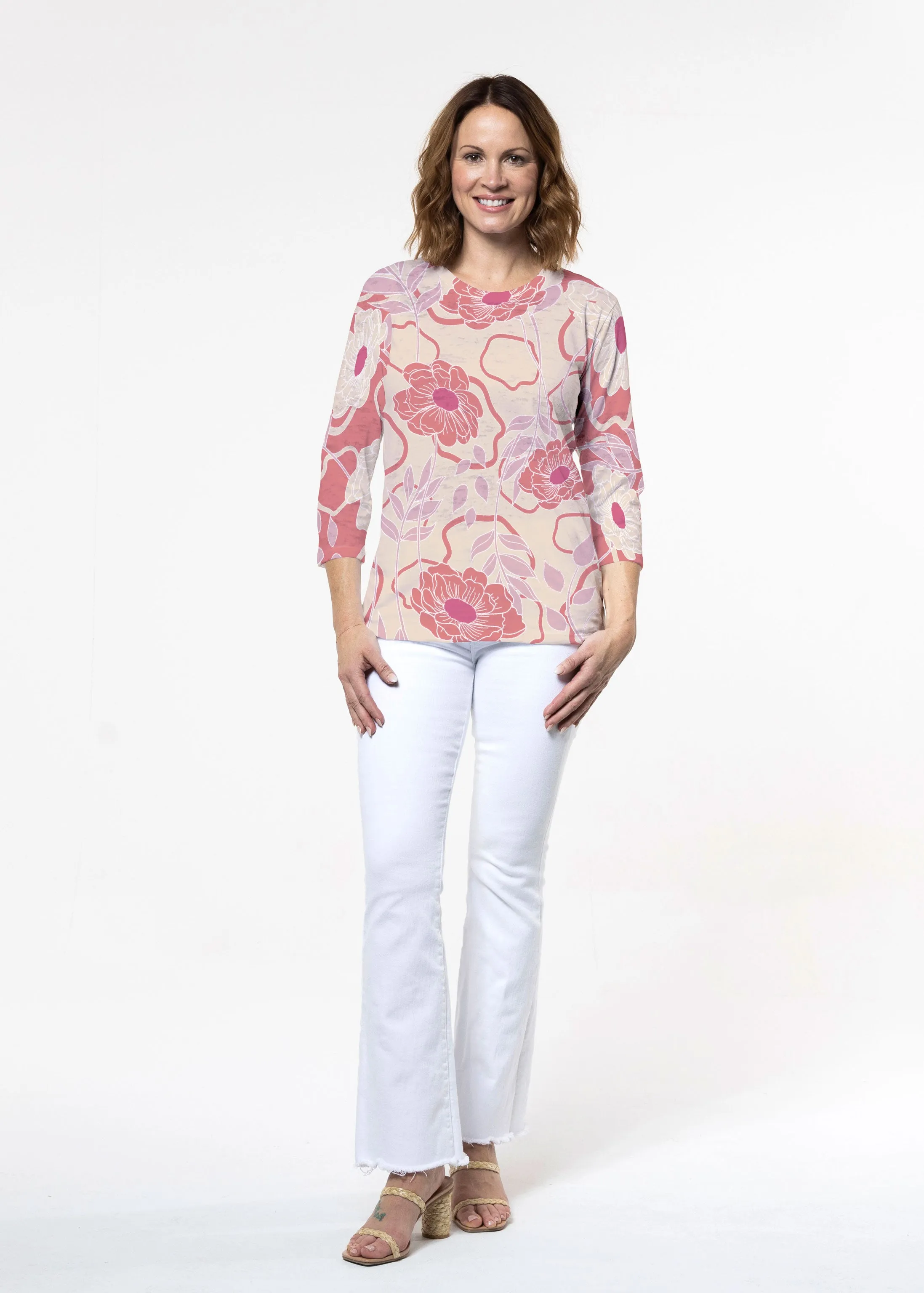 Clarisse Beige/Red (8127) ~ Signature 3/4 Sleeve Crew Neck Top