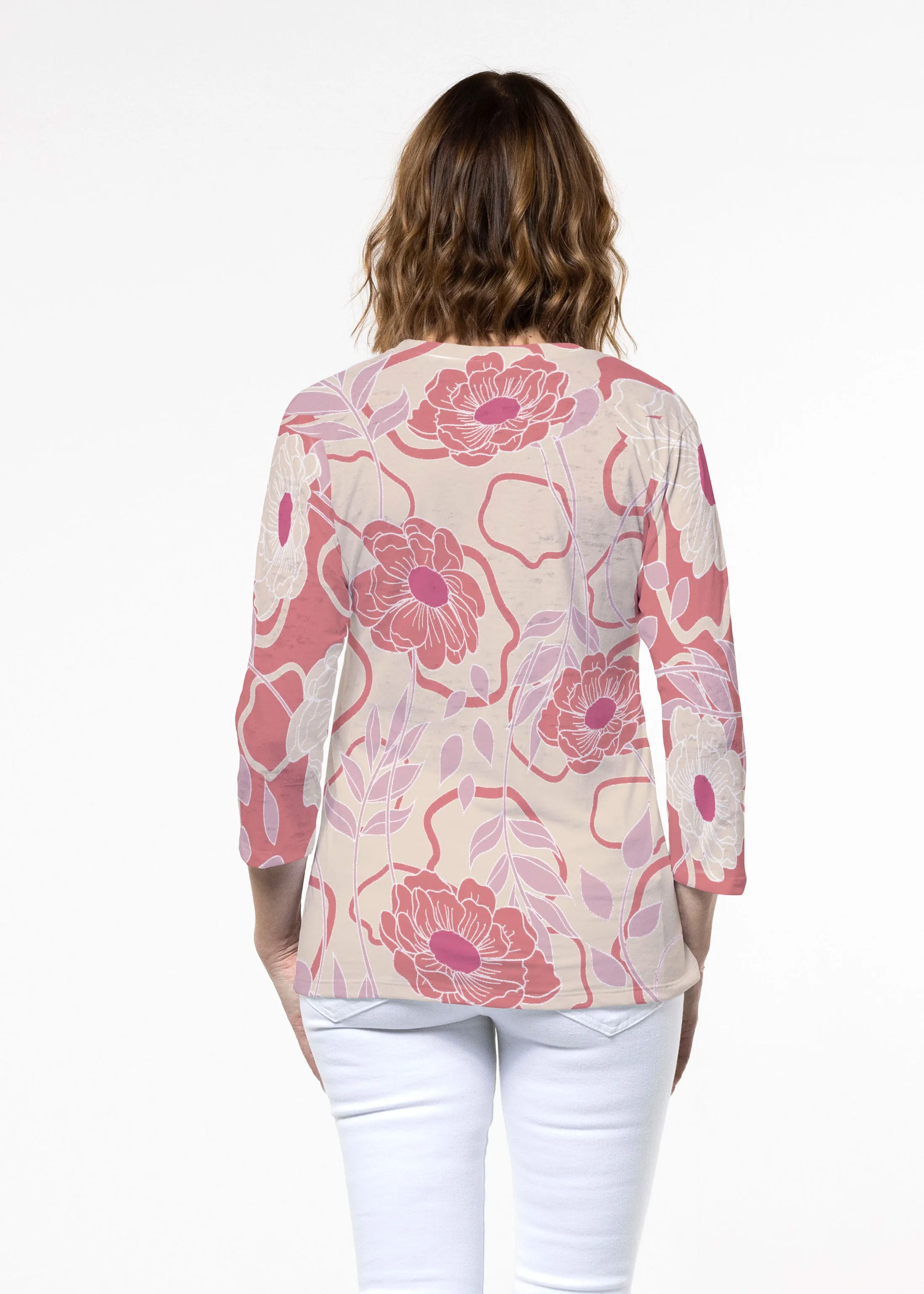 Clarisse Beige/Red (8127) ~ Signature 3/4 Sleeve Crew Neck Top