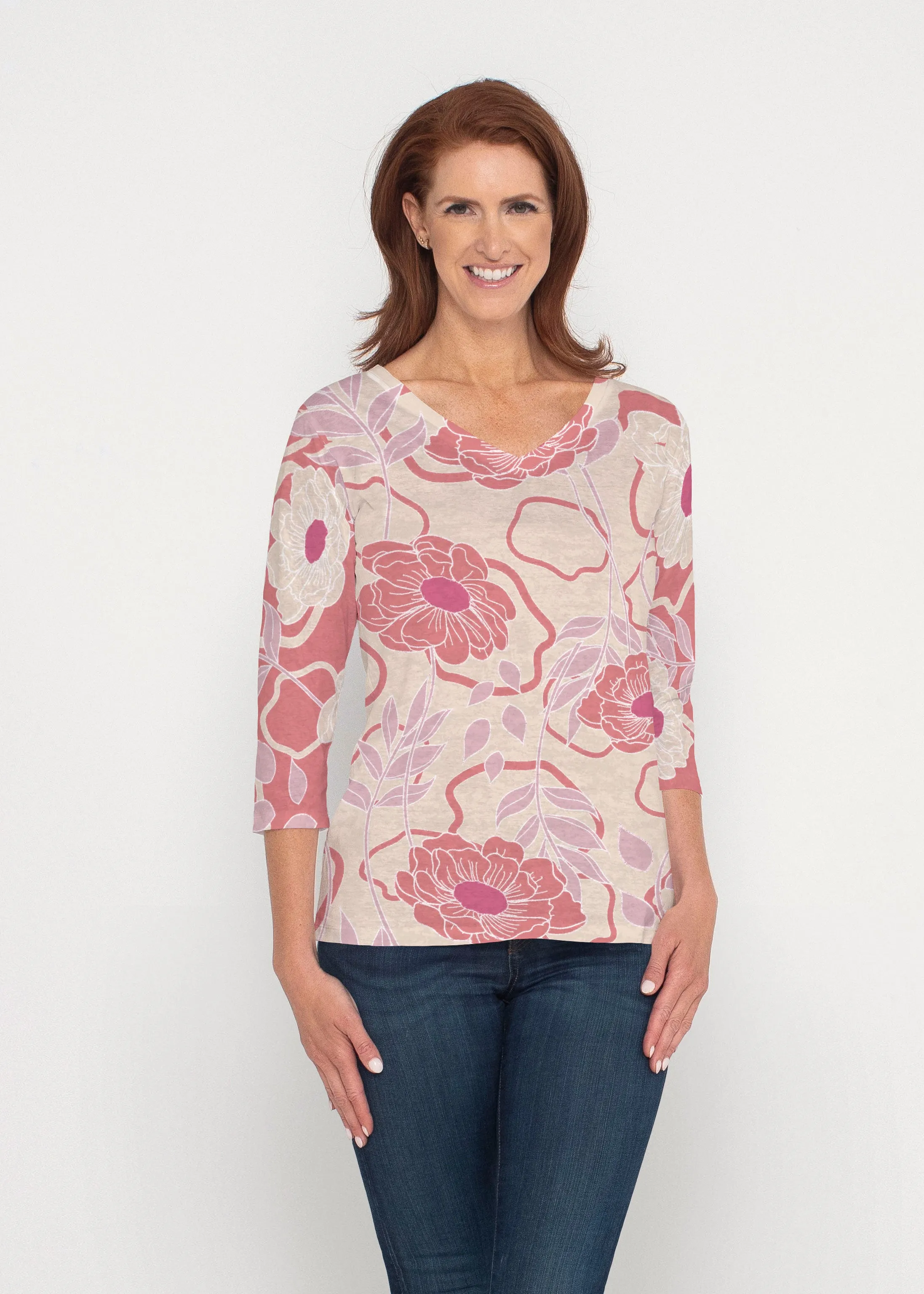 Clarisse Beige/Red (8127) ~ Signature 3/4 Sleeve V-Neck Top