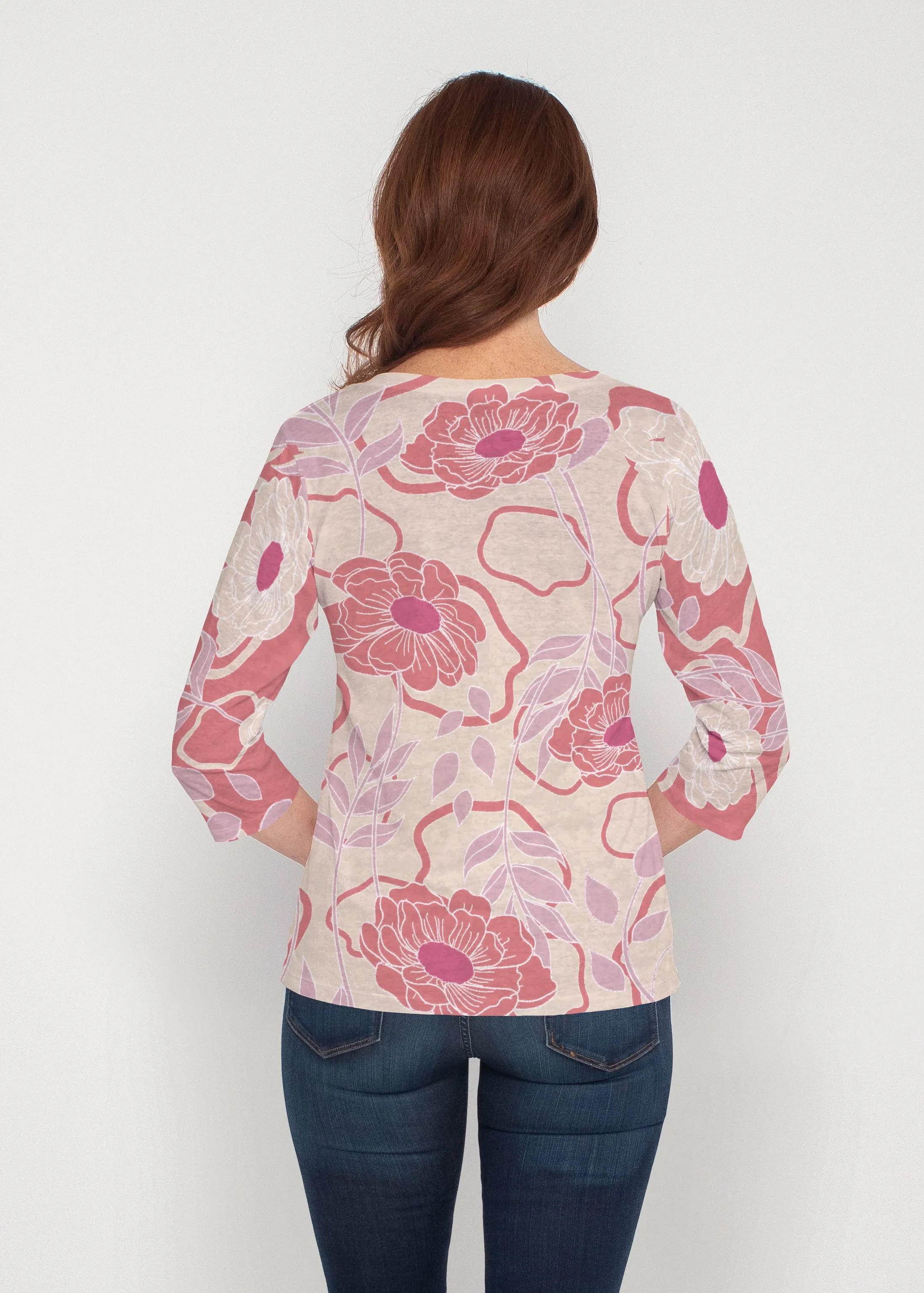 Clarisse Beige/Red (8127) ~ Signature 3/4 Sleeve V-Neck Top