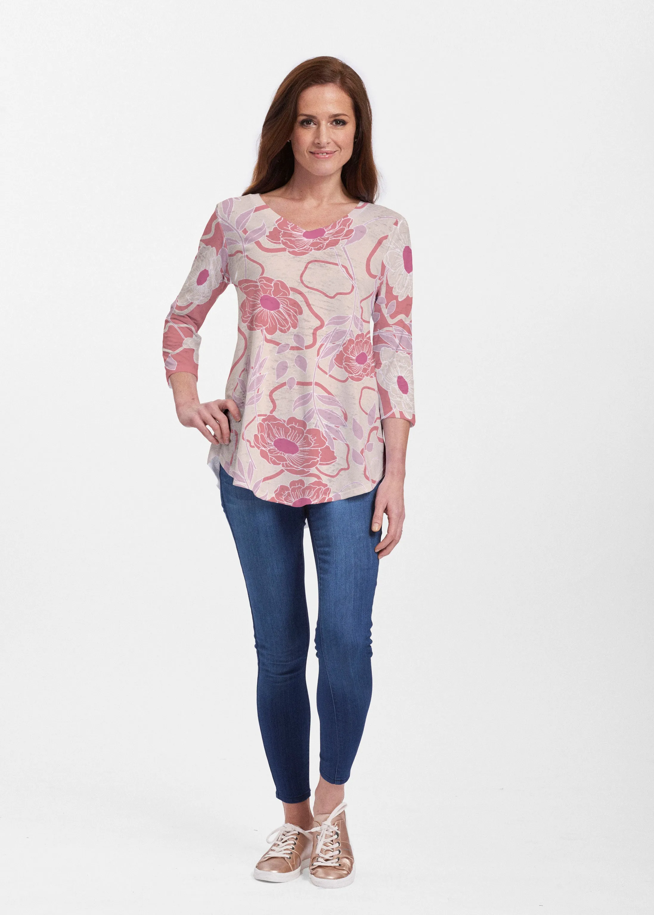 Clarisse Beige/Red (8127) ~ V-neck Flowy Tunic