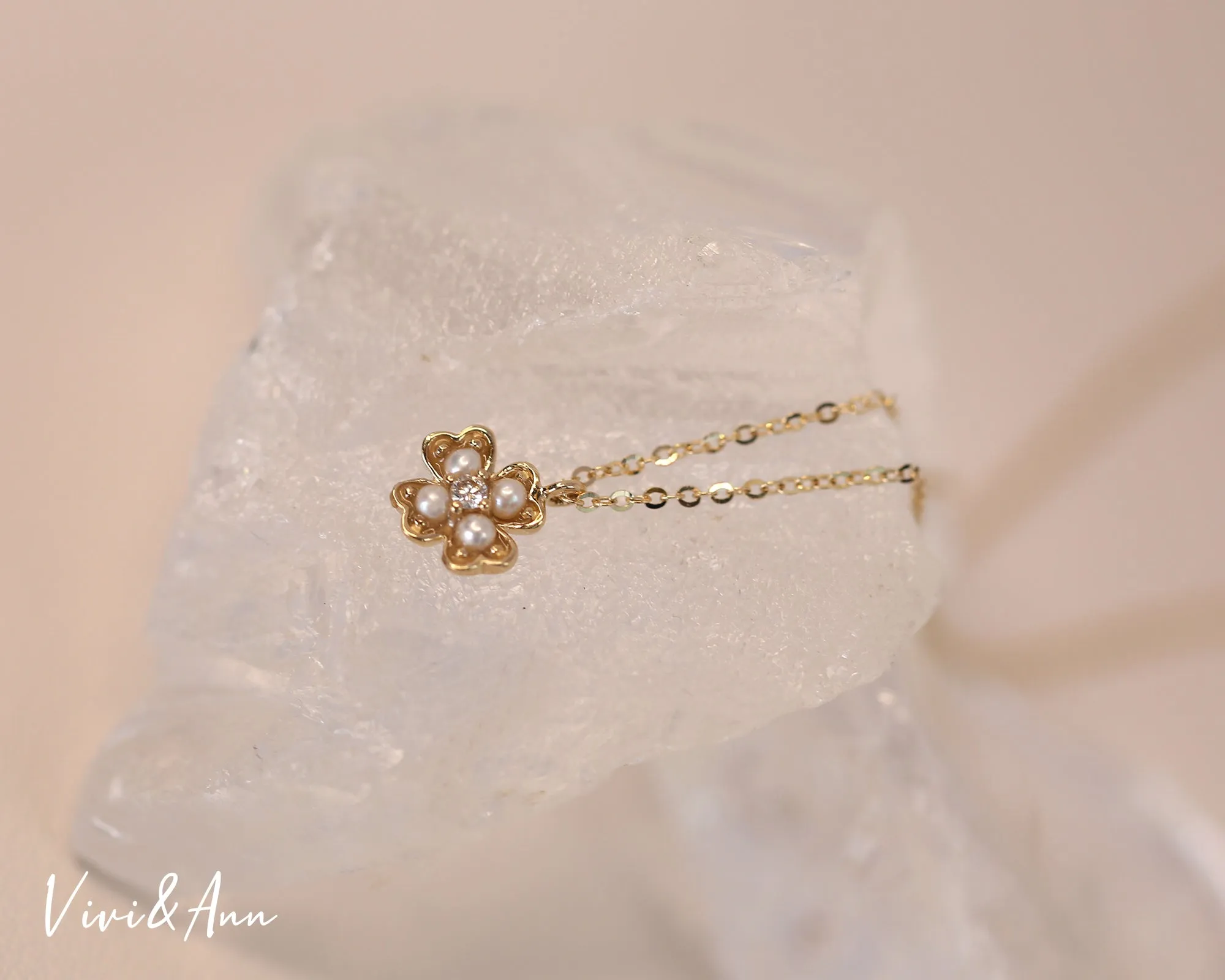 Clover Pearl Diamond Necklace Solid 14K Gold