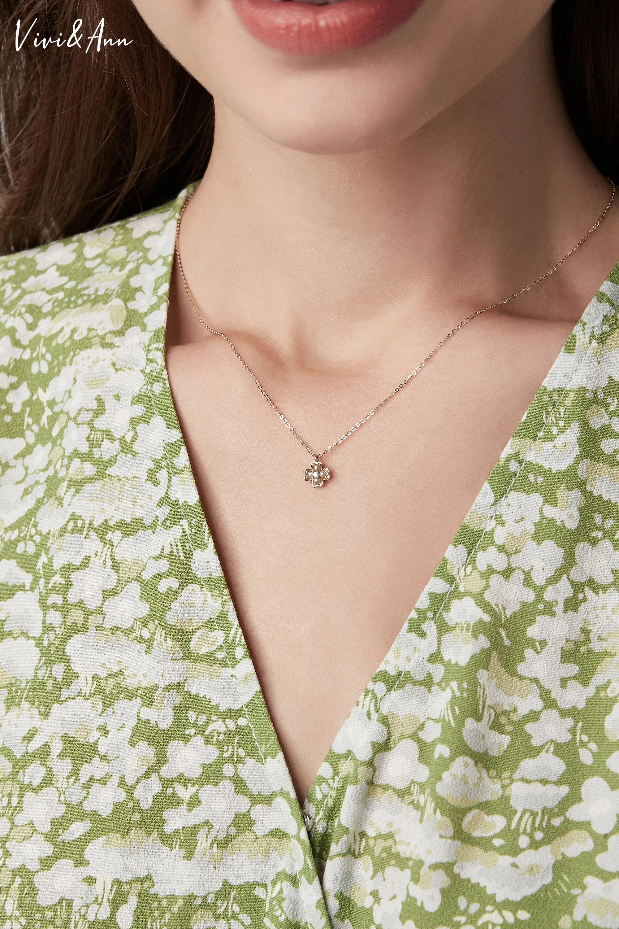 Clover Pearl Diamond Necklace Solid 14K Gold