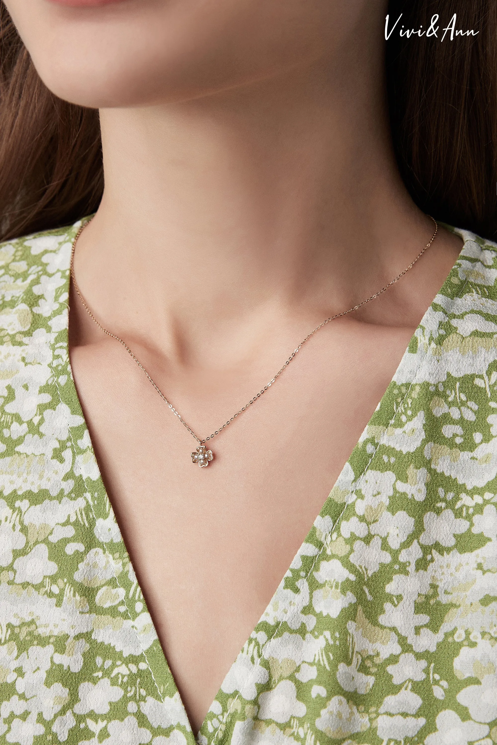 Clover Pearl Diamond Necklace Solid 14K Gold