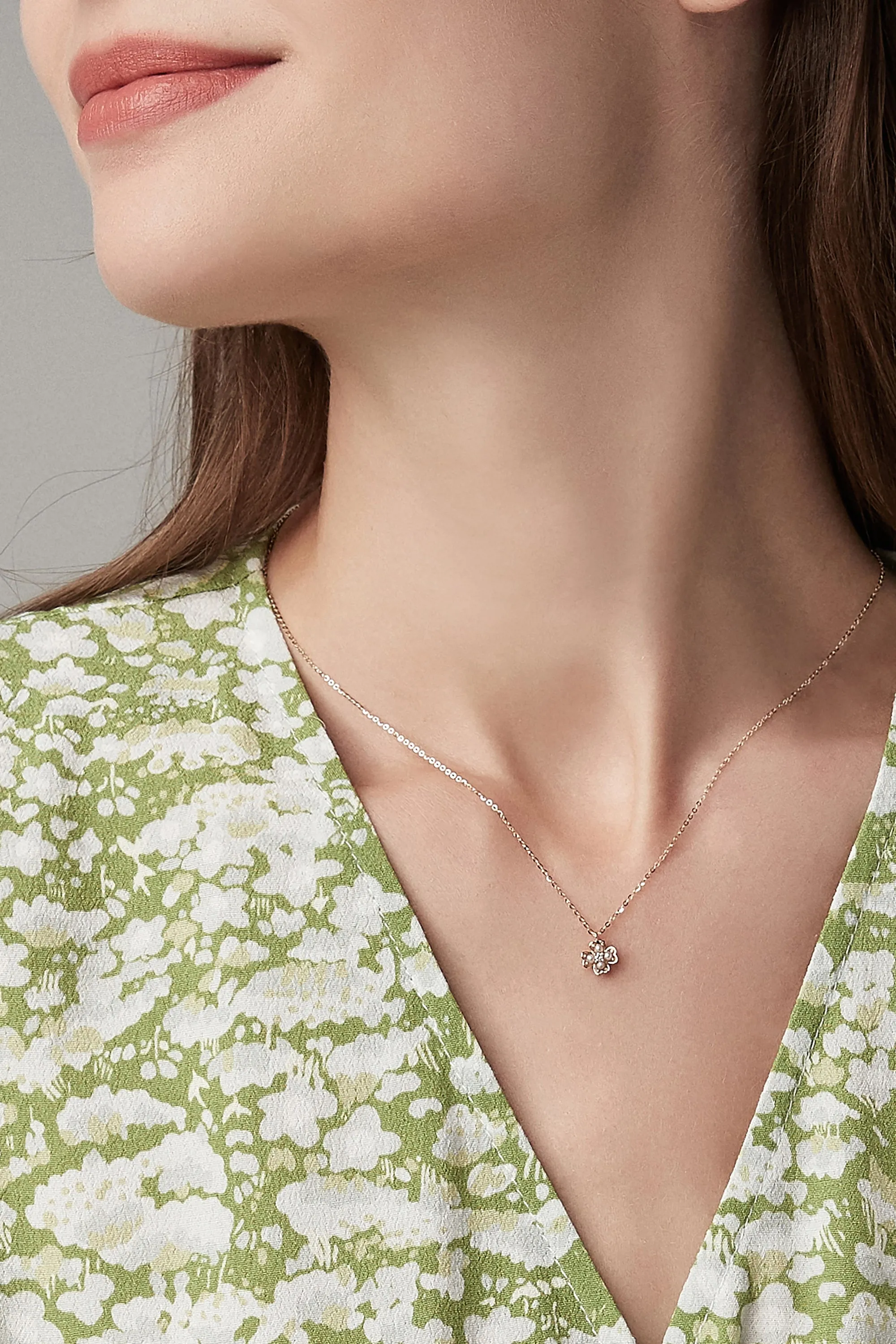 Clover Pearl Diamond Necklace Solid 14K Gold