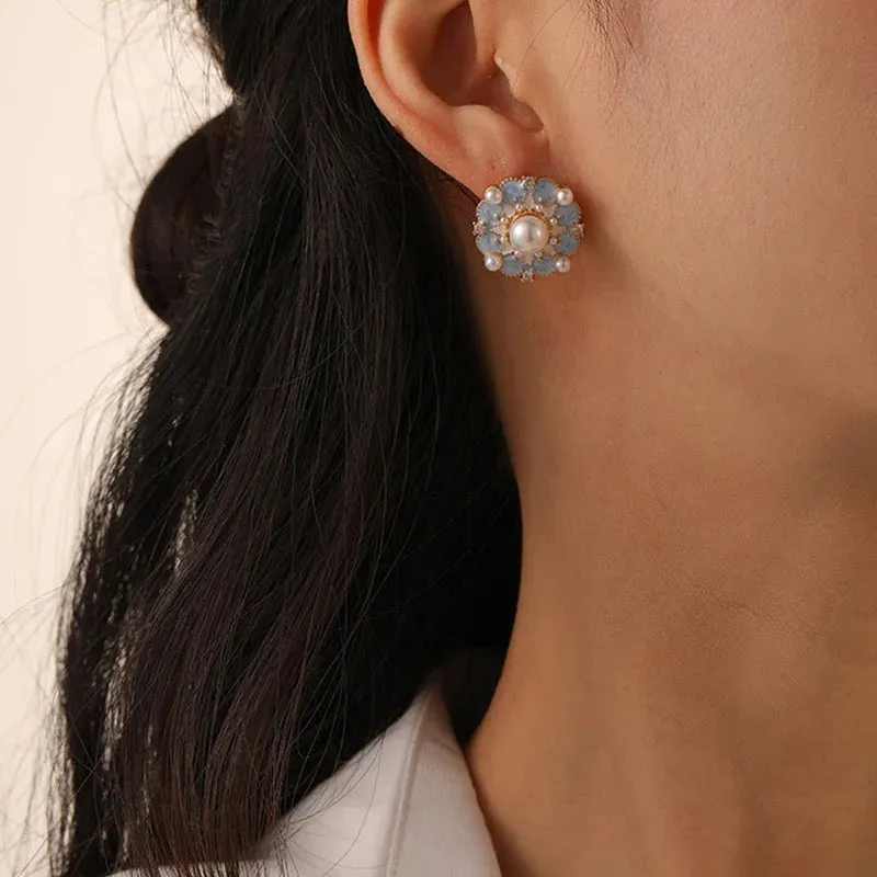 Cute Minimalist Simulated Pearl Soft Blue Flower Earrings