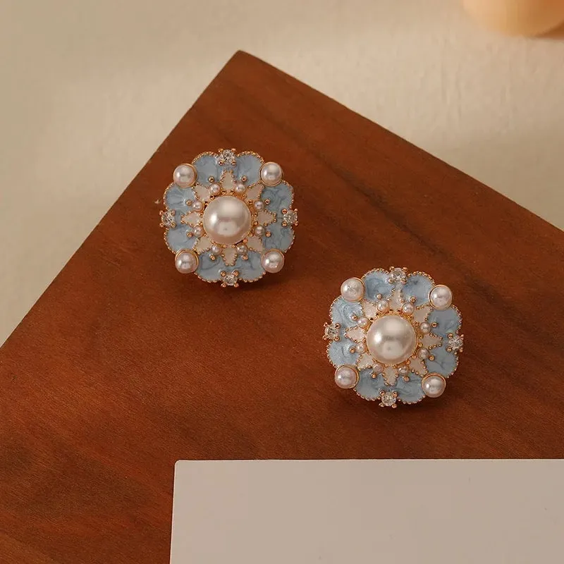 Cute Minimalist Simulated Pearl Soft Blue Flower Earrings