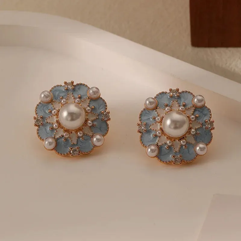 Cute Minimalist Simulated Pearl Soft Blue Flower Earrings