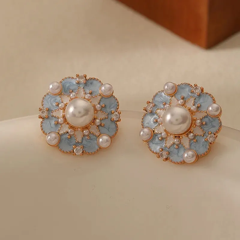 Cute Minimalist Simulated Pearl Soft Blue Flower Earrings