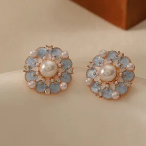 Cute Minimalist Simulated Pearl Soft Blue Flower Earrings