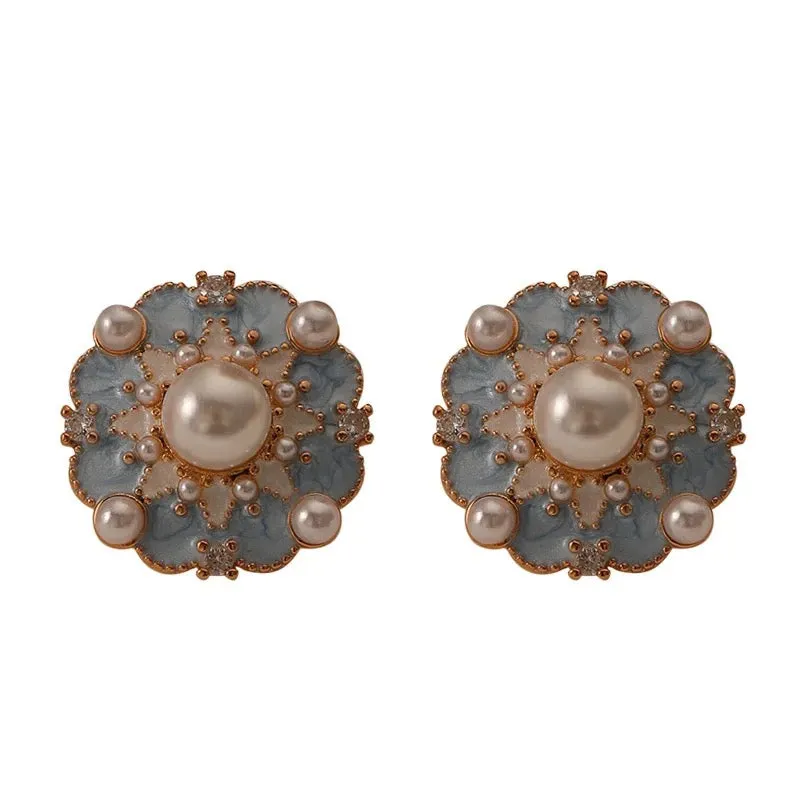 Cute Minimalist Simulated Pearl Soft Blue Flower Earrings