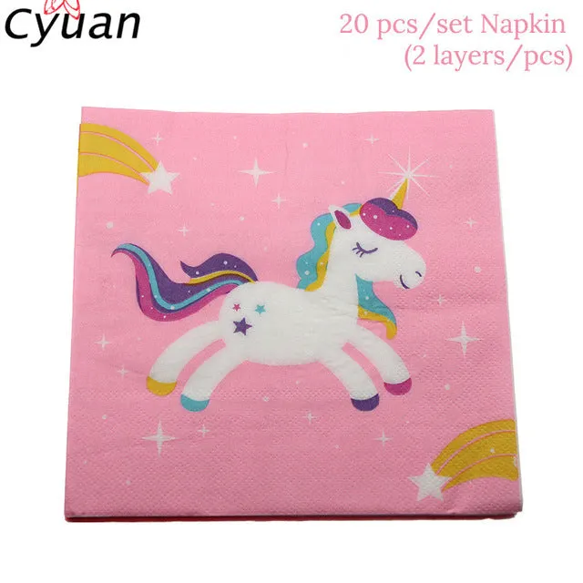 Cyuan Unicorn Party Disposable Tableware Set Kids Birthday Party Paper Cup Plate Hat 1st First Birthday Party Decor Supplies