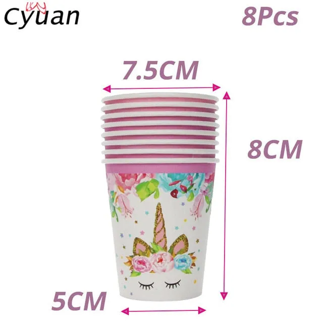 Cyuan Unicorn Party Disposable Tableware Set Kids Birthday Party Paper Cup Plate Hat 1st First Birthday Party Decor Supplies