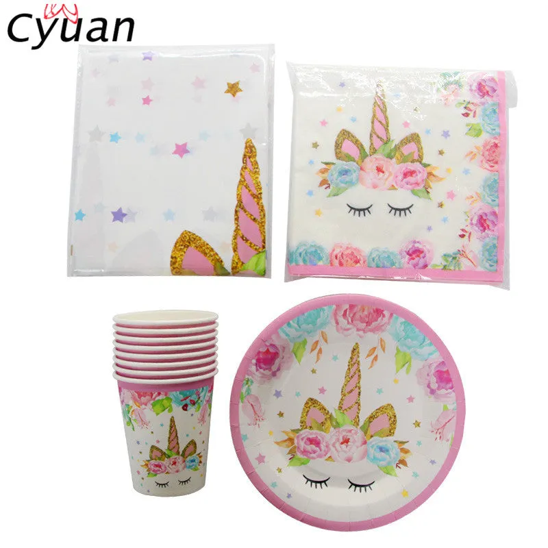 Cyuan Unicorn Party Disposable Tableware Set Kids Birthday Party Paper Cup Plate Hat 1st First Birthday Party Decor Supplies