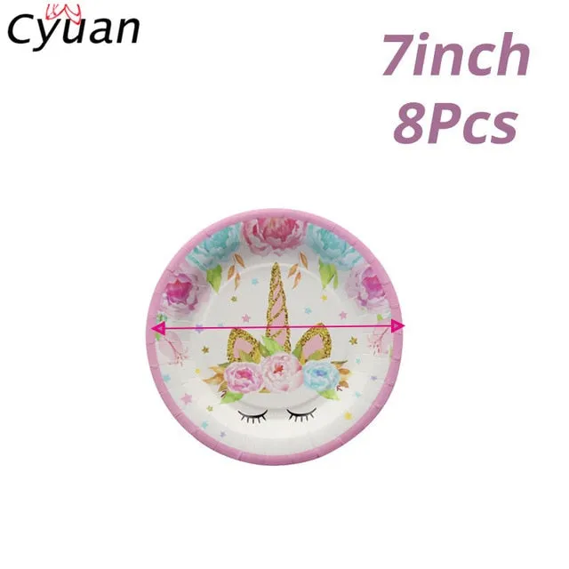 Cyuan Unicorn Party Disposable Tableware Set Kids Birthday Party Paper Cup Plate Hat 1st First Birthday Party Decor Supplies