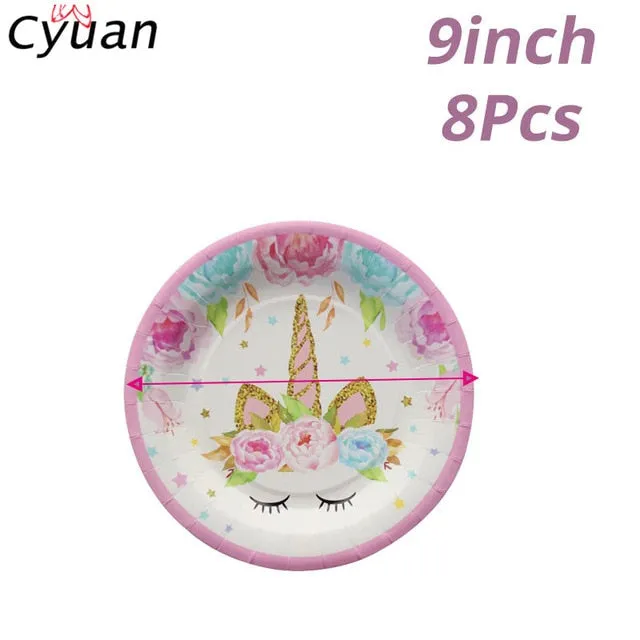 Cyuan Unicorn Party Disposable Tableware Set Kids Birthday Party Paper Cup Plate Hat 1st First Birthday Party Decor Supplies