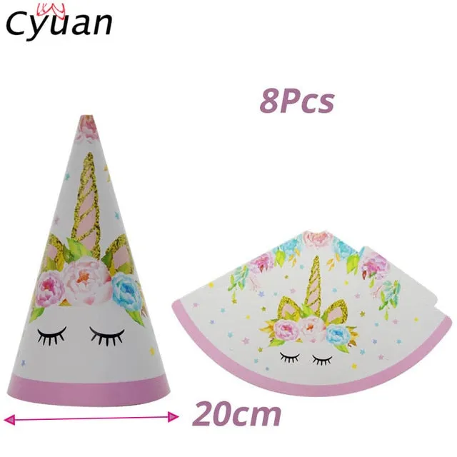 Cyuan Unicorn Party Disposable Tableware Set Kids Birthday Party Paper Cup Plate Hat 1st First Birthday Party Decor Supplies
