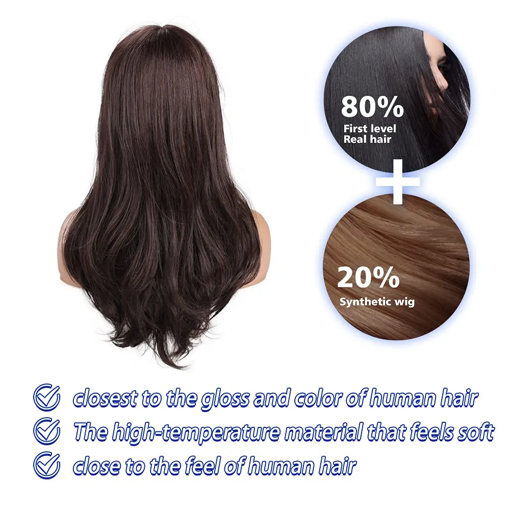Dark Brown Long Wavy Human Hair Wig with Bangs