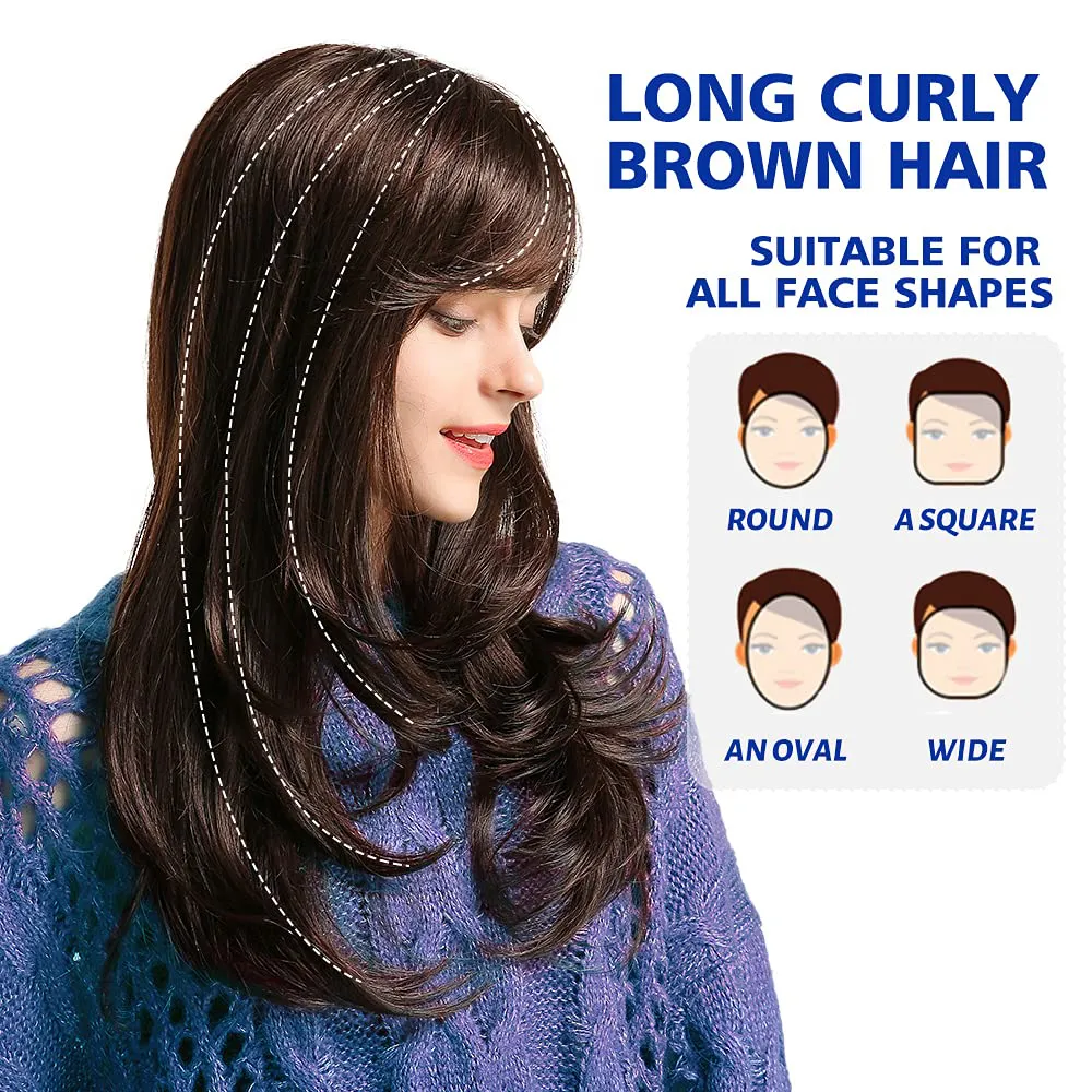 Dark Brown Long Wavy Human Hair Wig with Bangs
