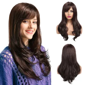 Dark Brown Long Wavy Human Hair Wig with Bangs