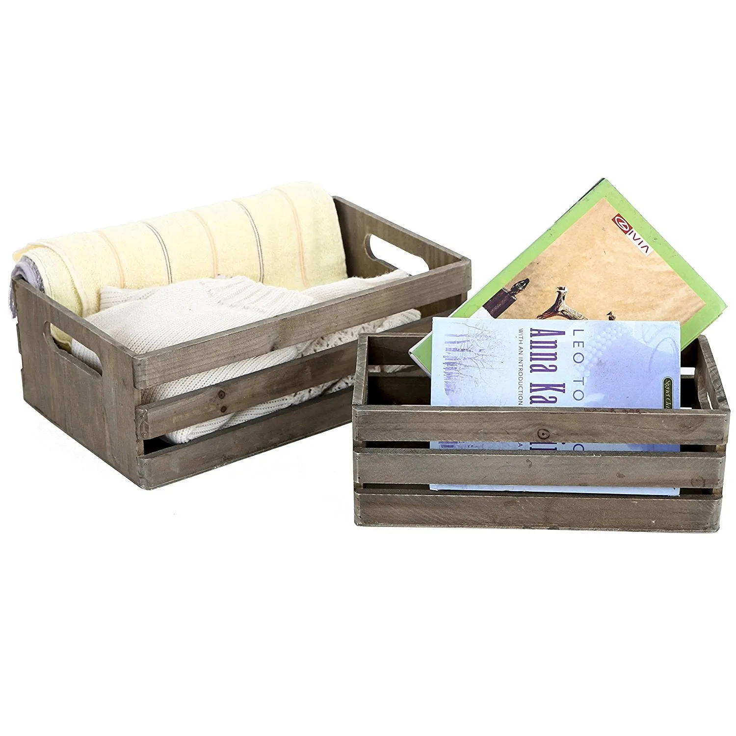 Distressed Wood Nesting Boxes, Storage Crates w/ Handles, Set of 2, Gray