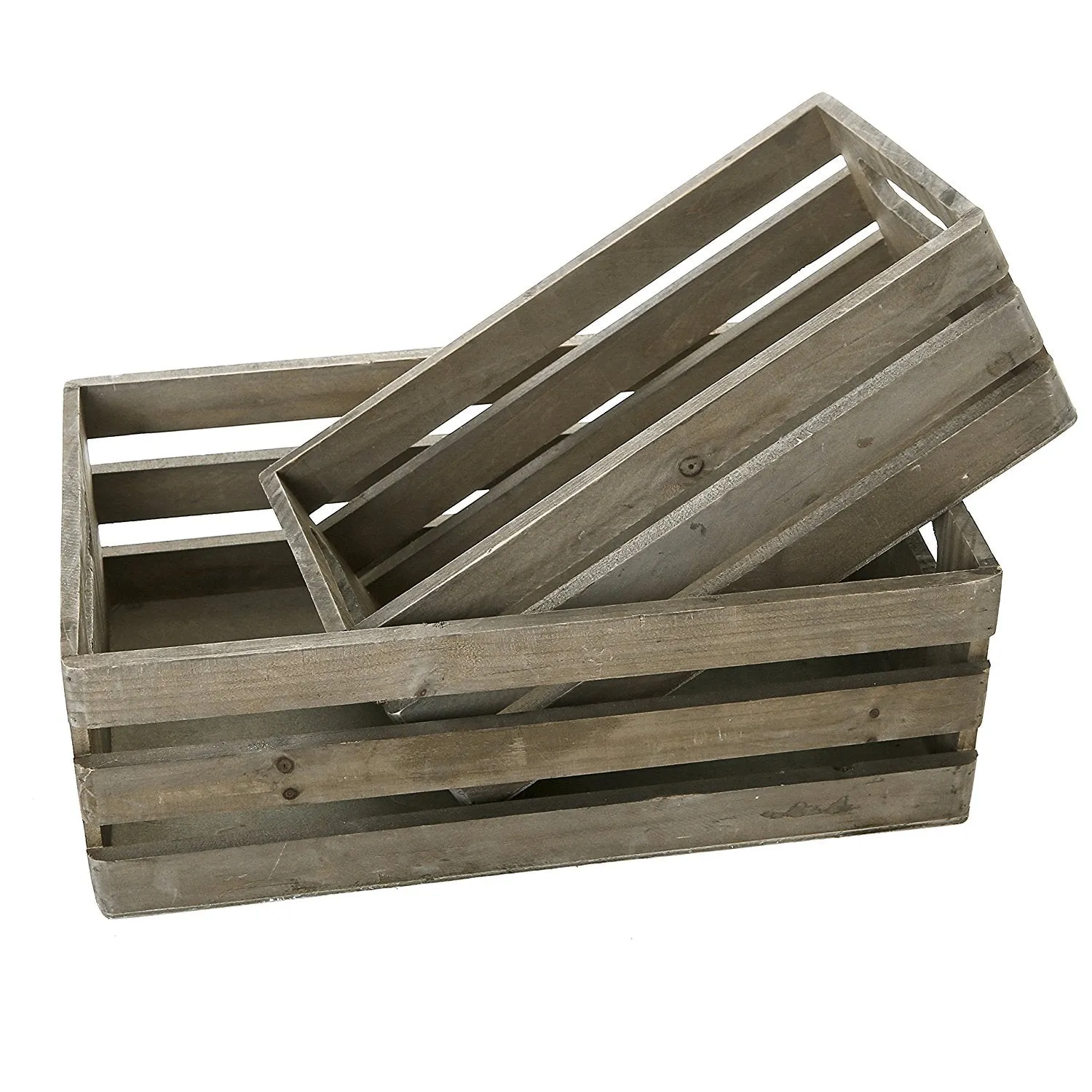 Distressed Wood Nesting Boxes, Storage Crates w/ Handles, Set of 2, Gray